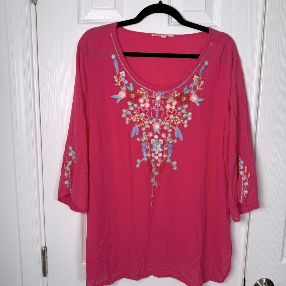 Grand & Greene Rayon Embroidered Pink Boho Floral Light Tunic Women's Large EUC